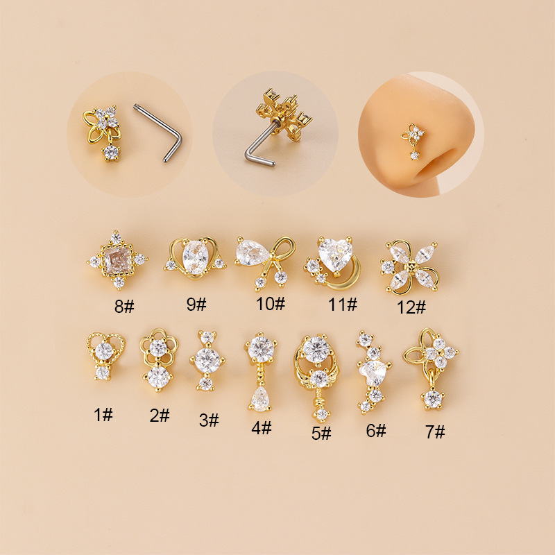 Body Jewelry Surgical Steel - 20G L-förmiger Kubischer Zirkonia Nasenstecker, Chirurgischer